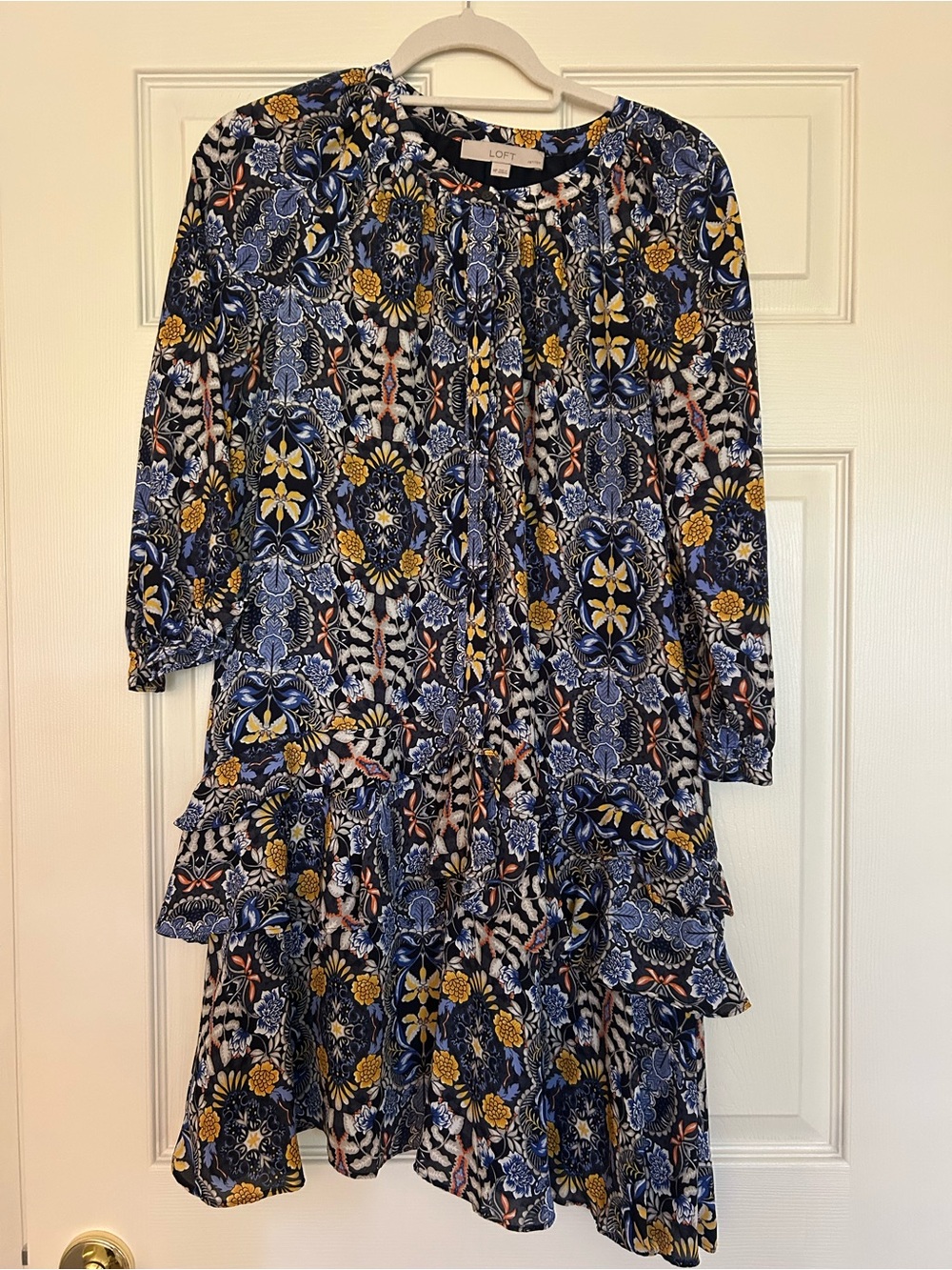 LOFT Navy Floral Button-Front Tiered Dress with Yellow Accents